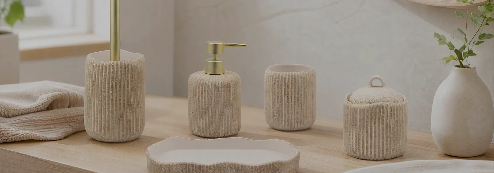 Ribbed bathroom accessories in a warm neutral setting